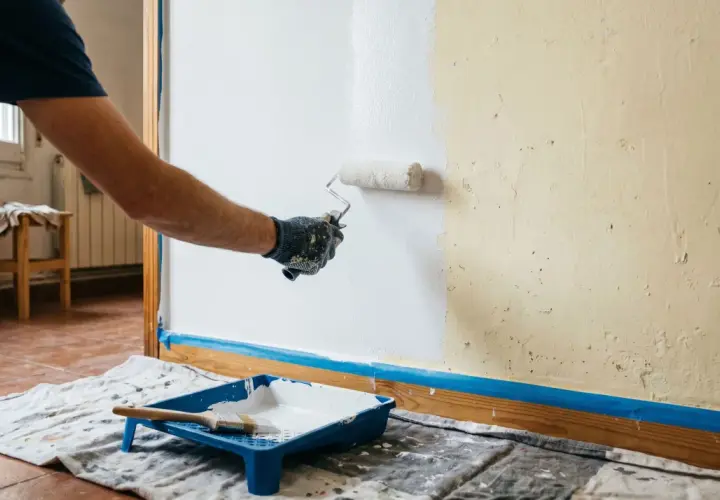 Persona con guantes pinta pared de blanco con rodillo. Bandeja con pintura y brocha lista para seguir como pintar una pared.