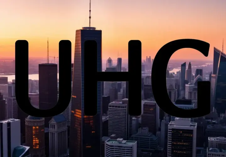 Große schwarze Buchstaben "UHG" über einer Skyline bei Sonnenuntergang. Ein Symbol für die Bedeutung von United Health in der modernen Stadt.