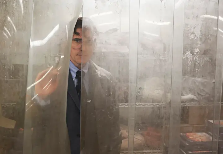 Un uomo in giacca e cravatta, con occhiali, spia da dietro una tenda di plastica. Potrebbe essere una scena da "La casa di Jack", spiegazione inquietante.