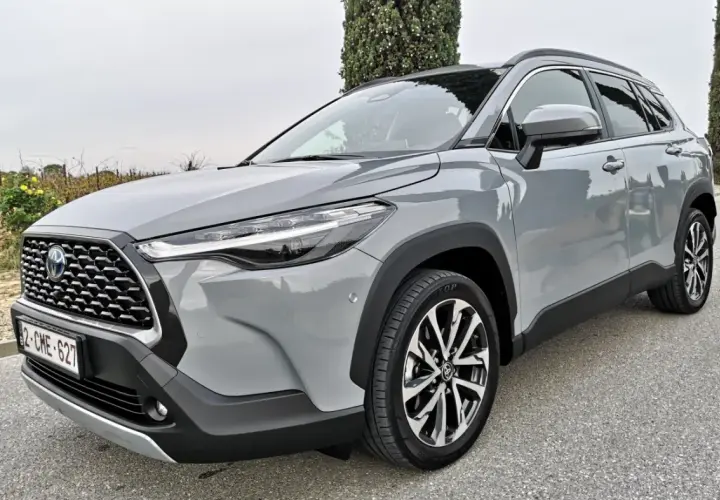 Szary Toyota Corolla SUV stoi na drodze, otoczony zielenią.