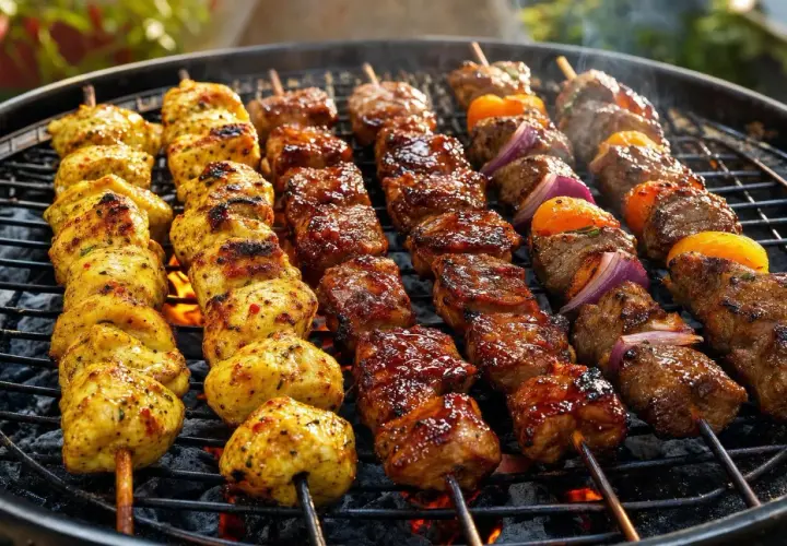 Brochettes de viande grillée, poulet et bœuf, sur un barbecue. Les braises rougeoient sous la grille.