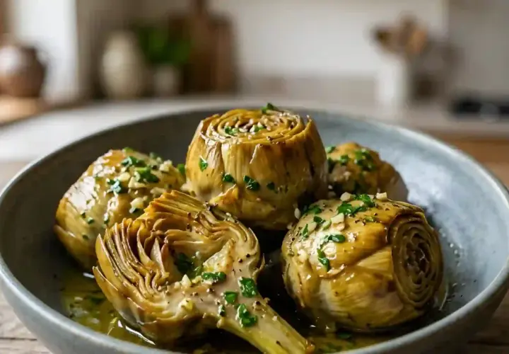 Artichauts à la romaine tendres et savoureux, nappés d'une sauce à l'ail et aux herbes, servis dans un plat en céramique.