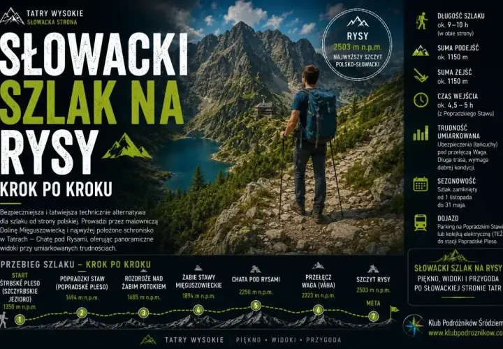 Słowacki szlak na Rysy: umiarkowana trudność, ubezpieczenia (łańcuchy) pod przełęczą Waga. Widoki i przygoda po słowackiej stronie Tatr.