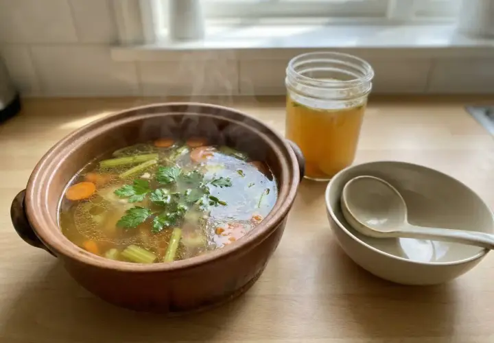 Varm kycklingsoppa med morötter och selleri i en terrakottaskål, perfekt för ett enkelt kycklingsoppa recept. En burk buljong och skålar står bredvid.