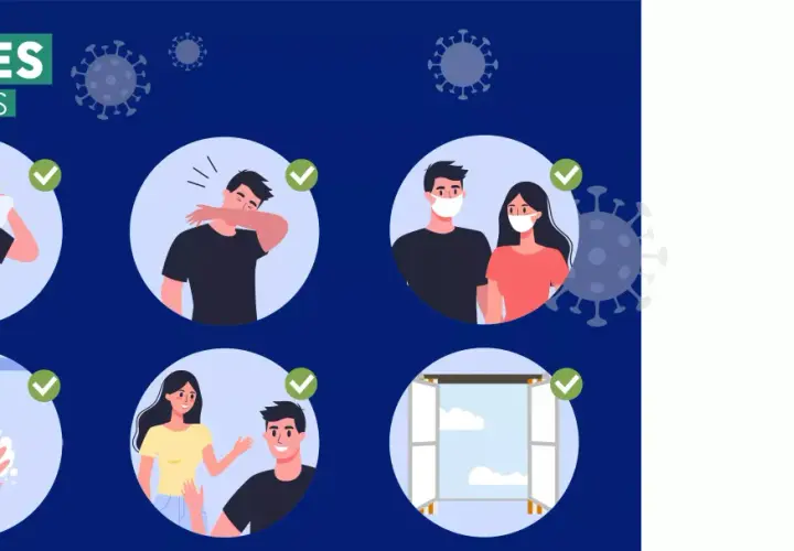 Gestes barrières pour comment éviter la grippe : se couvrir en toussant, porter un masque, se laver les mains, aérer.