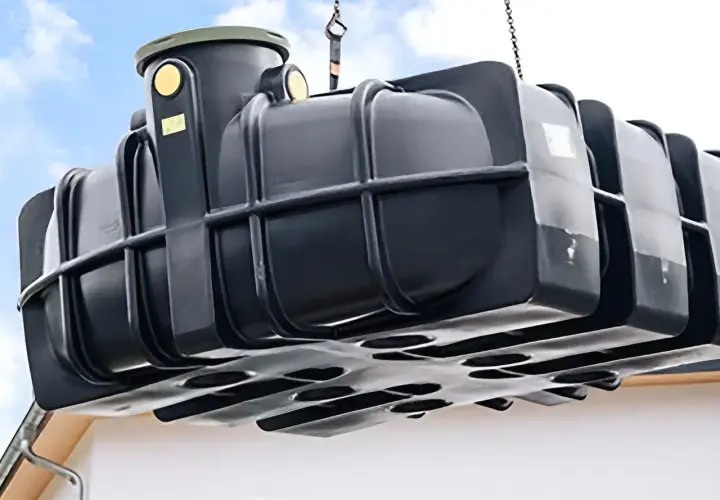 Schwarzer Tank wird mit Kran gehoben, bereit zum zisterne einbauen.