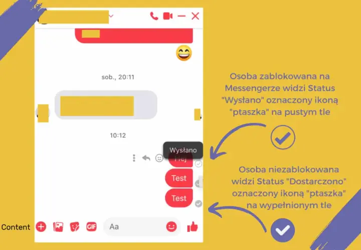 Osoba zablokowana na Messengerze widzi status "Wysłano" z pustym ptaszkiem.