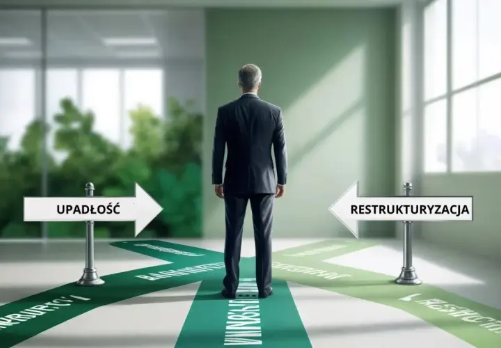 Biznesmen stoi na rozdrożu, wybierając między upadłością a restrukturyzacją.
