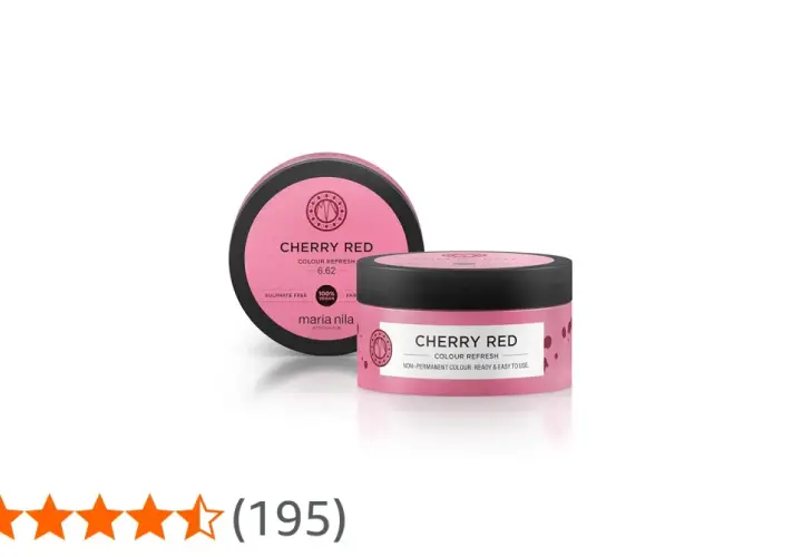 Två burkar Maria Nila Colour Refresh i nyansen Cherry Red. En öppen burk framför en stängd.