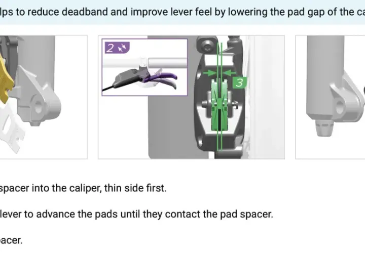 Illustrations show the SRAM pad advancement procedure: insert spacer, squeeze lever, remove spacer.