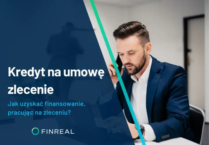 Mężczyzna w garniturze rozmawia przez telefon, na tle napis "Kredyt na umowę zlecenie".