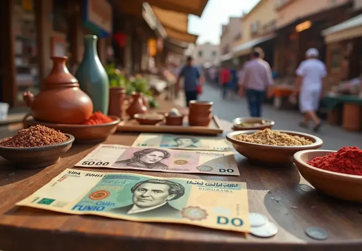 Na stole leżą banknoty tunezyjska waluta, obok miseczki z przyprawami i ziarnami.