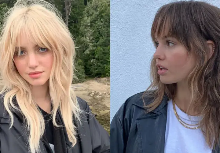 Dwie kobiety prezentują modną fryzurę wolf cut na prostych włosach. Jedna ma blond włosy i niebieskie oczy, druga brązowe.