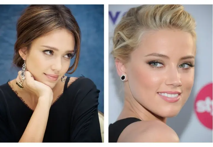Deux portraits de femmes. À gauche, Jessica Alba, le menton posé sur sa main, bijou imposant. À droite, Amber Heard, souriante, le regard tourné, un maquillage subtil pour se maquiller naturellement.