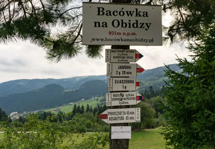Znaki szlaków turystycznych w górach, wskazujące drogę do Radziejowej i innych miejsc.