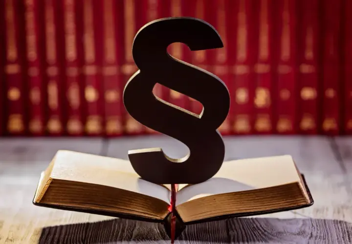 Symbol paragrafu na otwartej księdze, w tle rząd czerwonych ksiąg. Symbolizuje prawo i sprawiedliwość, a może nawet nadzieję na amnestia.