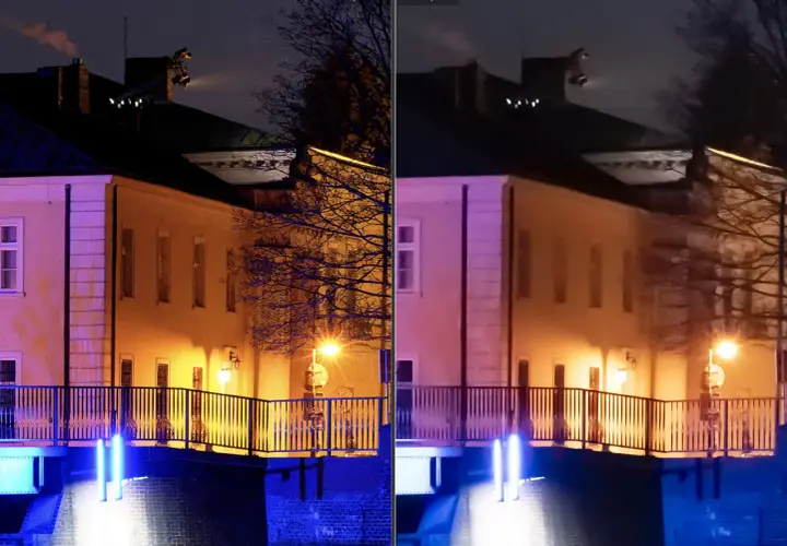 Porównanie zdjęć nocnych: lewe wyostrzono programem Topaz Denoise AI, prawe jest oryginalne. Widać różnicę w szczegółach i redukcji szumów.