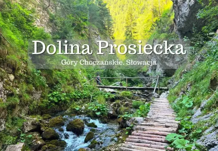 Drewniana ścieżka w Dolinie Prosieckiej, wśród zielonych zboczy Gór Choczańskich. Woda szemrze po kamieniach.