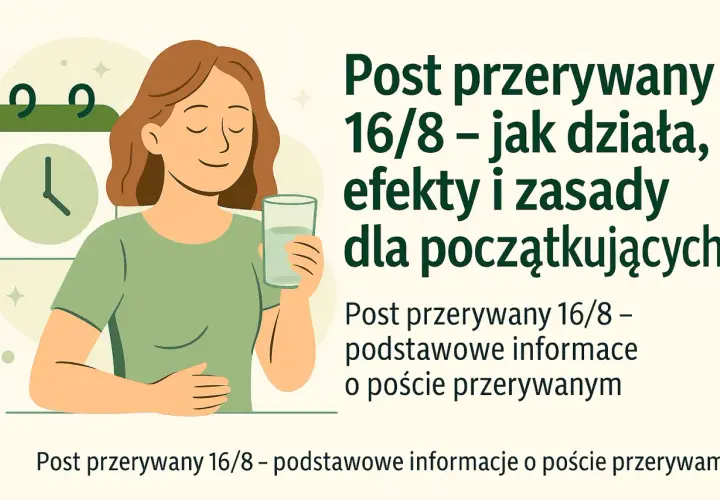 Kobieta z uśmiechem pije wodę, obok kalendarz i zegar. Czy post przerywany jest zdrowy? Dowiedz się o 16/8.