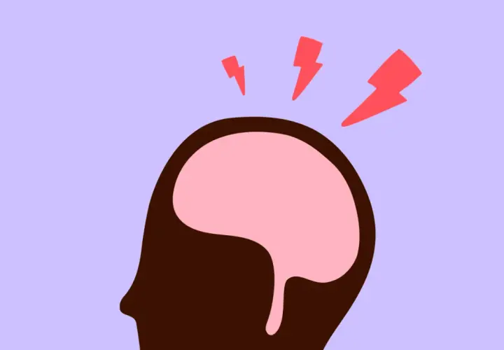 Silhouette de tête avec un cerveau rose et des éclairs rouges symbolisant le soulager céphalée de tension.