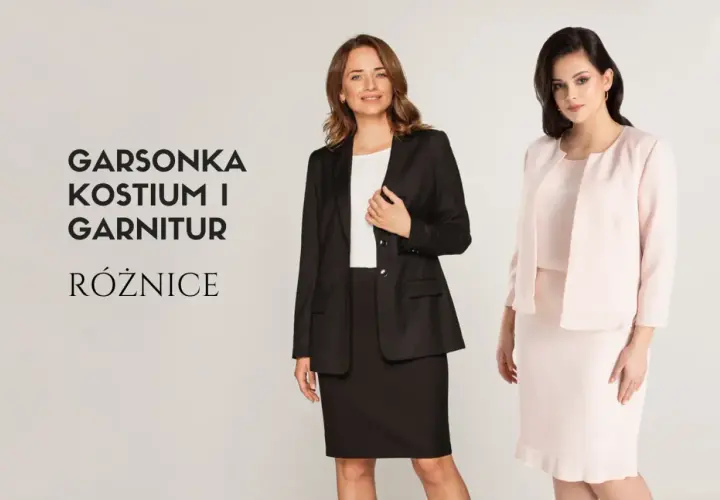 Elegancka garsonka w kolorze czarnym i pudrowym różu. Dwie kobiety prezentują różne modele kostiumów.