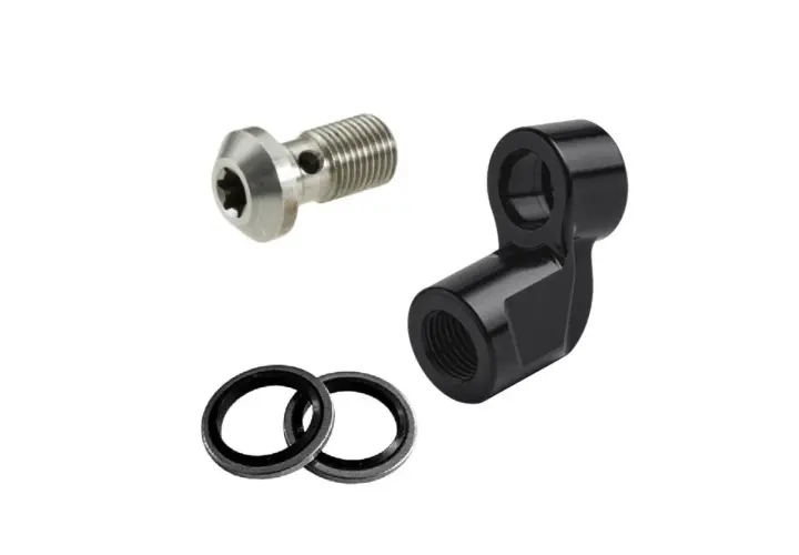 Componenti per freni: vite banjo in metallo, adattatore nero e due rondelle. Utili per creare risers personalizzati.