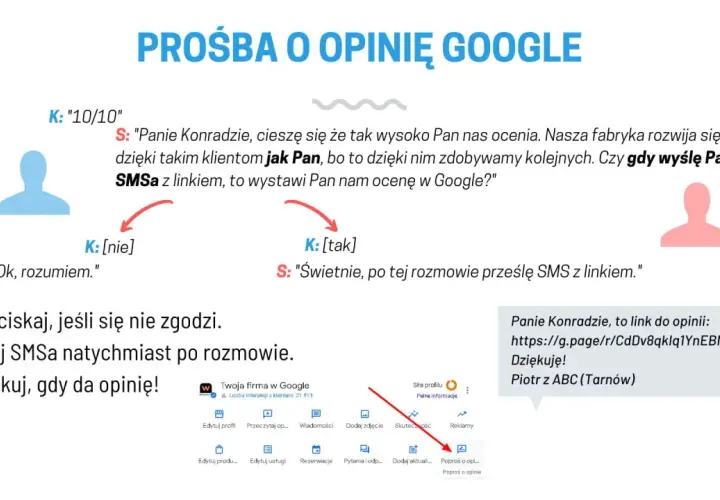 Prośba o wystawienie opinii wzór. Klient ocenia firmę na 10/10. Sprzedawca pyta, czy wyśle link do opinii w Google. Klient się zgadza.