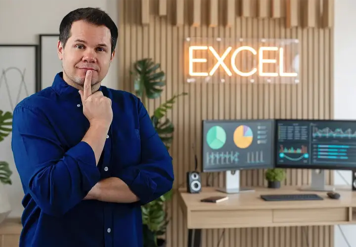 Mężczyzna zastanawia się, jak zrobic wykres w Excel. Na biurku dwa monitory z danymi i wykresami.
