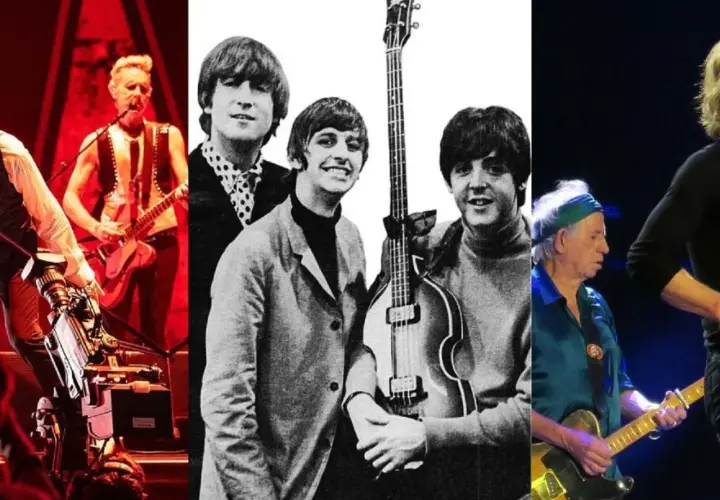 The Beatles i The Rolling Stones, dwa najsłynniejsze brytyjskie zespoły muzyczne, w kolażu.