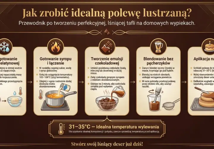 Instrukcja krok po kroku, jak przygotować idealną polewę lustrzaną z żelatyną. Proces obejmuje gotowanie syropu, tworzenie emulsji czekoladowej i blendowanie.