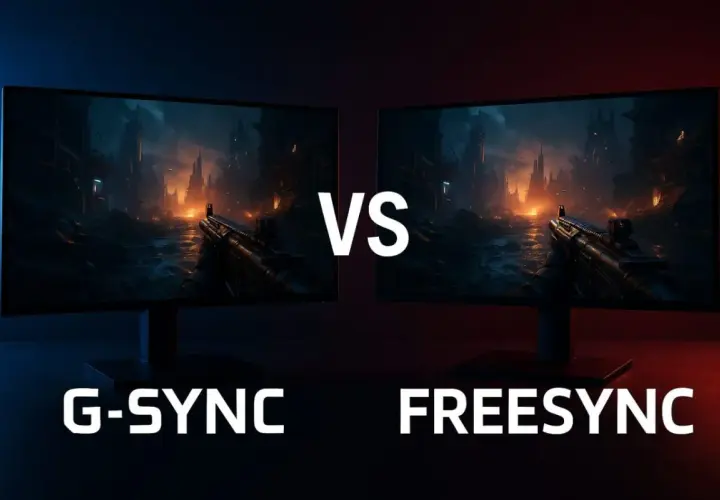 Deux écrans affichant une scène de jeu post-apocalyptique. L'un est marqué G-SYNC, l'autre FreeSync.