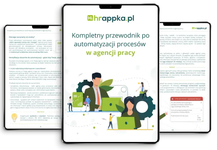 Kompletny przewodnik po automatyzacji procesów w agencji pracy. Grafika przedstawia ekrany urządzeń z artykułem o automatyzacji procesów w agencji pracy.