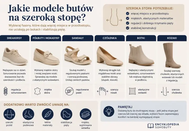 Buty na szeroką stopę: sneakersy, półbuty, sandały, czółenka, botki, kozaki. Szukaj modeli z szerszym przodem i elastycznymi materiałami.