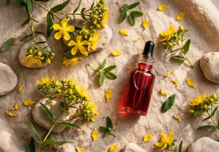 Frasco de aceite hiperico rojo vibrante rodeado de flores amarillas, hojas verdes y piedras lisas sobre tela rústica.