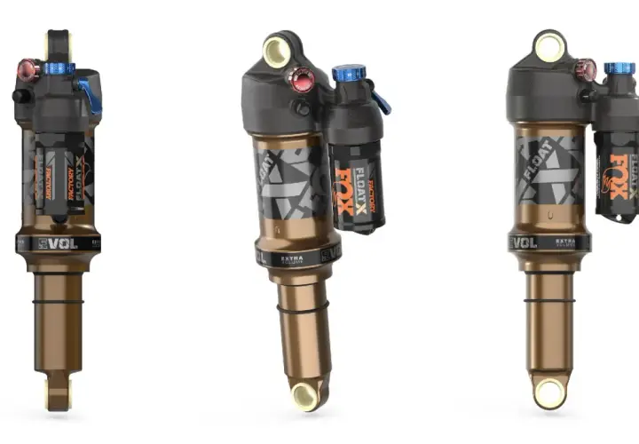 Three views of a Fox Float X Factory shock absorber, designed for mountain bikes, featuring a bronze body and black accents.