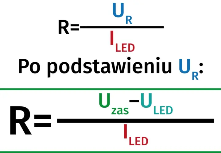 Obliczenia rezystancji opornika: R = U/I, a po podstawieniu R = (Uzas - ULED) / ILED.