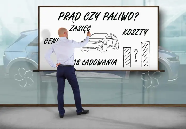 Mężczyzna pisze na tablicy "Prąd czy paliwo?", rysuje samochód i wykresy, zastanawiając się, ile kosztuje samochód elektryczny.