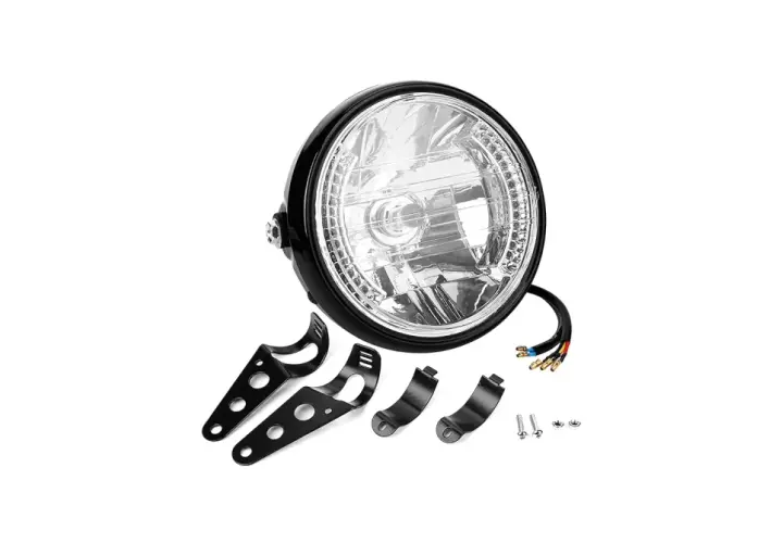 Faro anteriore moto universale nero con staffe di montaggio e cavi. Ideale per personalizzare la tua moto.