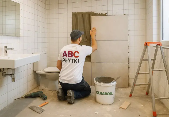 Fachowiec z koszulką "ABC PŁYTKI" układa płytki na płytki w łazience. Obok wiadro z zaprawą i drabina.