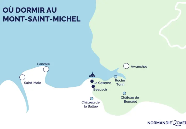 Carte des options d'hébergement près du Mont-Saint-Michel, incluant des lieux comme Saint-Malo et Avranches. Idéal pour planifier votre séjour en camping-car.