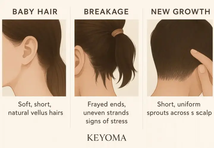 Ilustraciones de cabello: vello fino, puntas rotas y nuevo crecimiento. El nuevo crecimiento se ve como brotes cortos y uniformes en el cuero cabelludo.