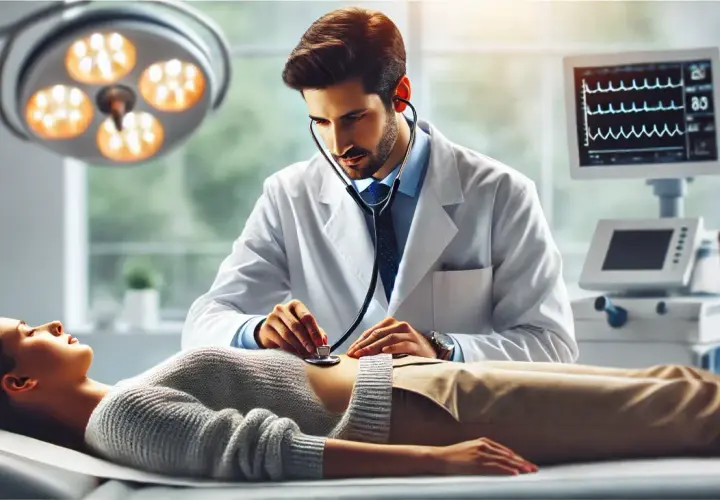 Doctor in white coat using stethoscope on patient lying on examination table, with medical equipment in background.