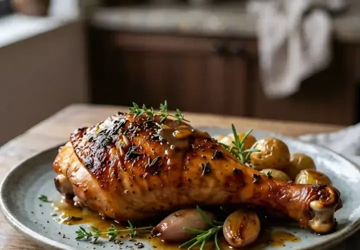 Une savoureuse cuisse de dinde au four, dorée et nappée d'une sauce onctueuse, accompagnée de pommes de terre rôties et d'aromates.