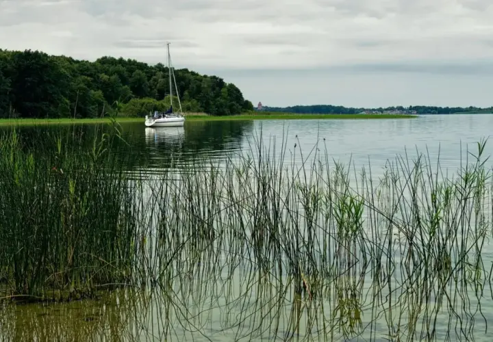 Żaglówka na jeziorze, w oddali las i zabudowania. Odległość do Mikołajek Giżycko.