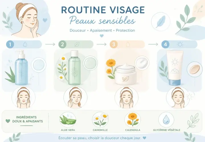 Routine visage pour peaux sensibles : 4 étapes avec aloe vera, camomille et calendula. Un conseil beauté pour une peau douce et apaisée.