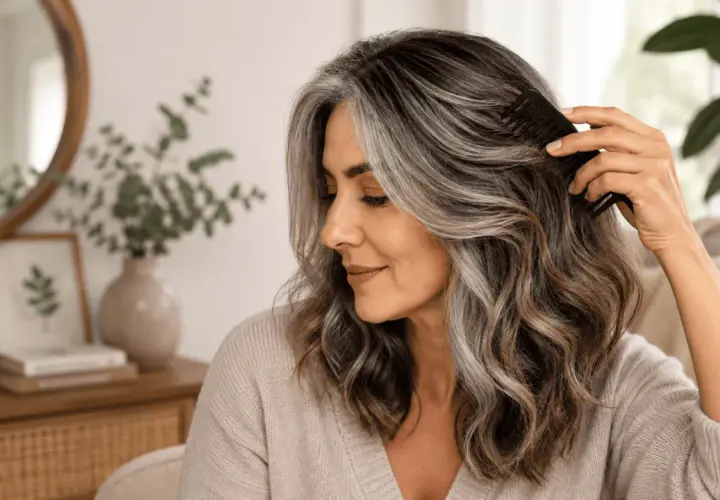 Mujer peinando su hermoso pelo canoso, con mechones plateados que resaltan su estilo natural.