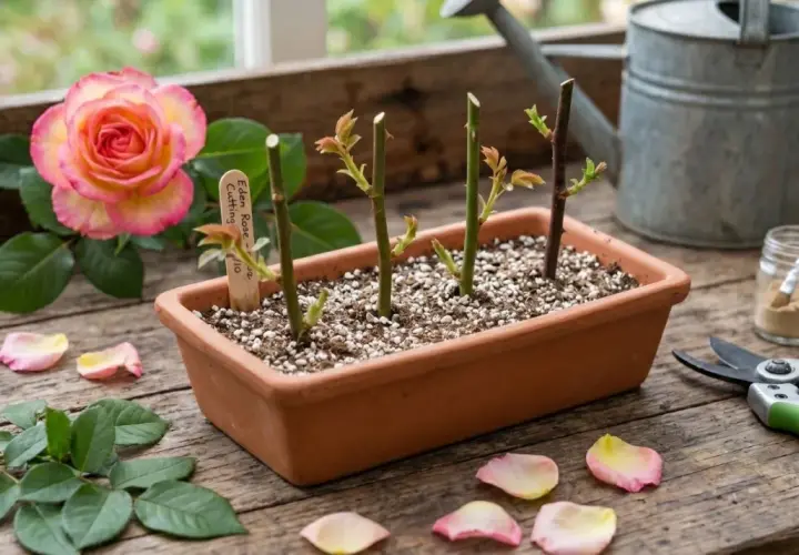 Boutures de rosier en terre, prêtes à prendre racine. Une belle rose rose et jaune à côté, ainsi que des pétales et des feuilles.