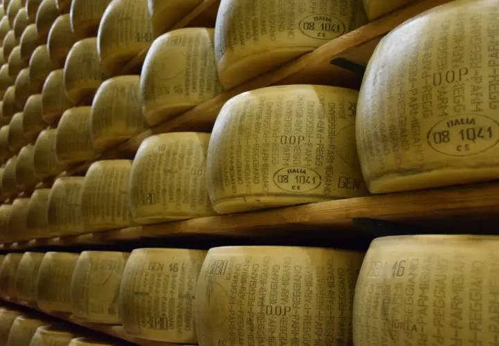 Quesos Parmigiano-Reggiano apilados en estanterías de madera. En España, como se llama el queso parmesano es Parmesano.