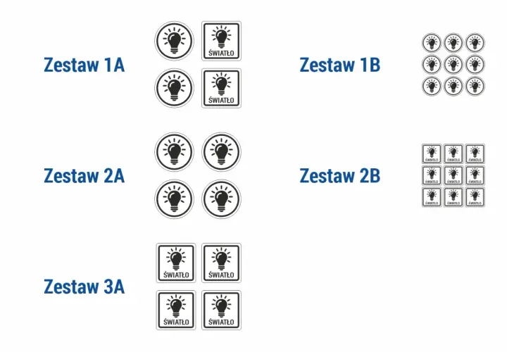 Zestawy oznaczeń włączników światła: ikony żarówki w okręgu i kwadracie z napisem "ŚWIATŁO".