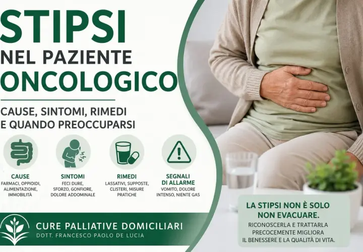 Donna con mano sull'addome, soffre di stipsi e difficoltà a evacuare. Informazioni su cause, sintomi e rimedi per la stipsi nel paziente oncologico.
